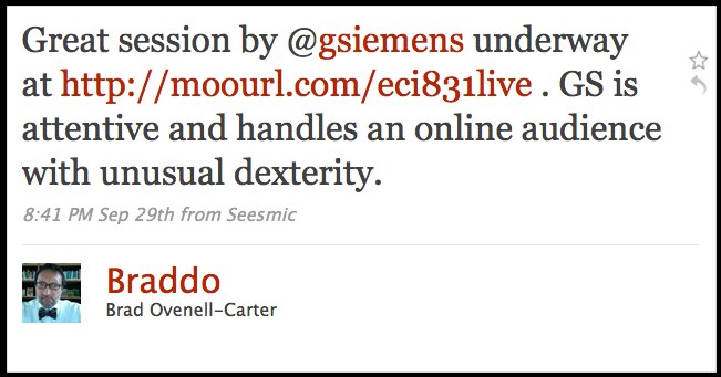 Great session by @gsiemens underway at http://moourl.com/eci831live . GS is attentive and handles an online audience with unusual dexterity.